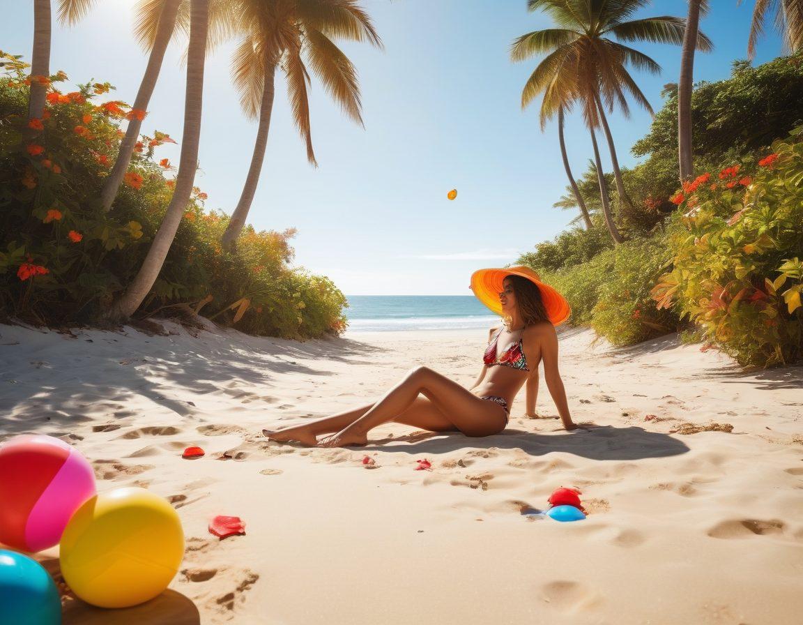A vibrant beach scene showcasing a diverse group of stylish individuals wearing various swimwear trends, focusing on chic bikinis and trendy thongs. Include bright summer colors, beach umbrellas, and tropical plants in the background, along with surfboards and beach balls to enhance the playful atmosphere. The sunlight should cast a warm glow over everything, evoking a fun and carefree vibe. super-realistic. vibrant colors. beach background.