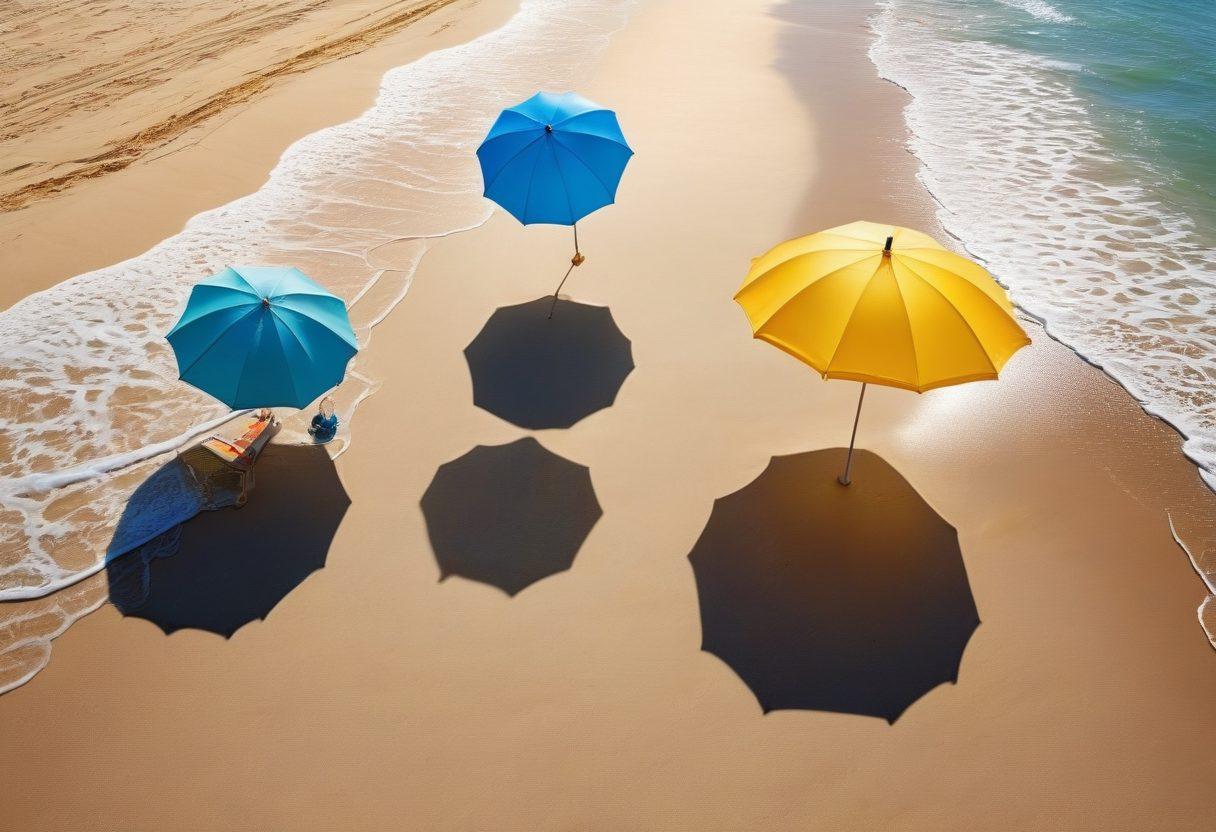 A vibrant beach scene featuring stylish swimwear models showcasing the latest summer trends for 2023. Include colorful bikinis, one-pieces, and trendy accessories against a backdrop of golden sand and crystal-clear ocean waves. Add a playful beach ball and sun umbrellas to enhance the lively atmosphere. Capture the sun's rays casting sparkles on the water. bright colors. super-realistic. summer vibes.