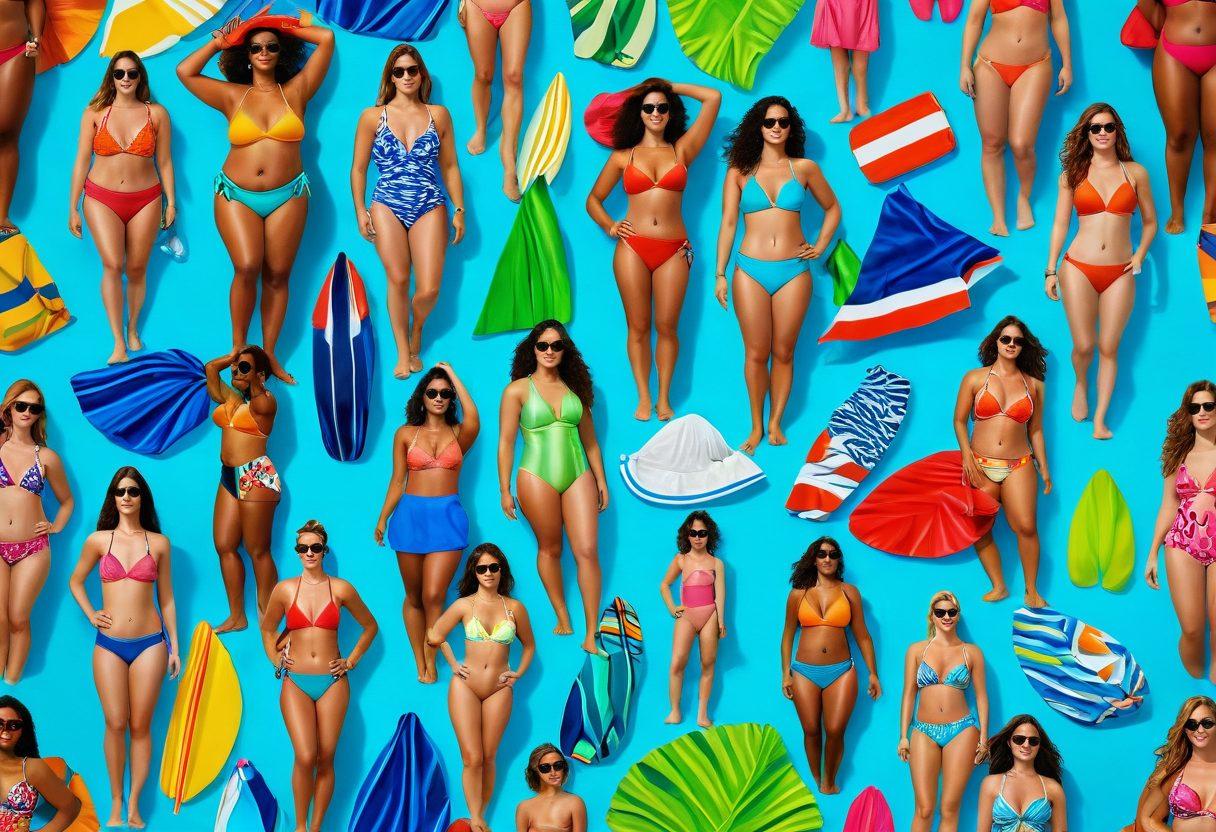 A vibrant beach scene featuring diverse body types in stylish swimwear, showcasing different fabric textures like tropical prints, solid colors, and sporty designs. Emphasize a colorful array of swimsuits on a sunny day, with beach accessories like sunglasses and towels in the background. Capture lively ocean waves and a bright sky to enhance the summer vibe. Include a tasteful, inviting layout that encourages readers to explore swimwear choices. super-realistic. vibrant colors. sunny beach setting.